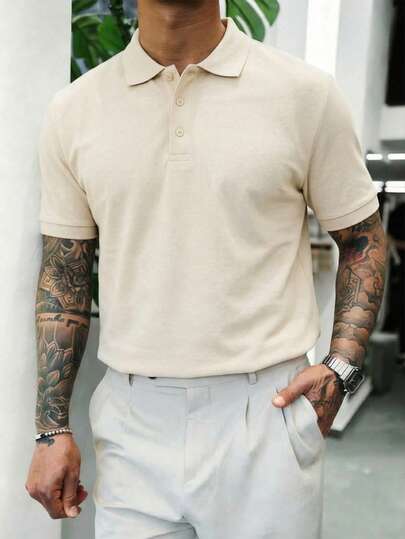  FRACTYR Men's Basic Fashionable Minimalist Solid Color Contrast Collar Polo Shirt, Suitable For Layering Or Wearing Alone In Summer