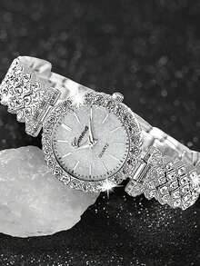 5pcs Luxury Women's Quartz Watch Set, Including Diamond Quartz Watch, Square Diamond Necklace, Square Diamond Ring, Square Diamond Earrings And Other Glamorous Jewelry Accessories - Silver - View 3