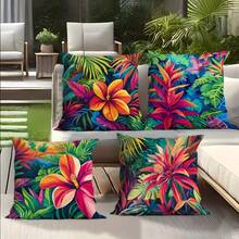 4件套热带撞色花卉抱枕套，复古雨林绿植物图案靠垫套，波西米亚风客厅沙发装饰抱枕，涤纶单面印花，拉链封口，可机洗，不含枕芯 - 彩色 - 查看 3