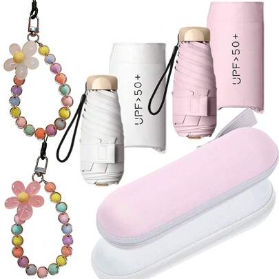 Mini Travel Sun Umbrella With Case,With Strap Beaded Flower Bracelet Creative Hanging Rope And Box, Small Compact UV Protection Umbrella For Sun And Rain, Lightweight Windproof Umbrella For Women Men