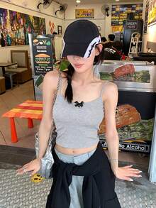 夏季修身镂空蝴蝶结带衬垫短款吊带背心，百搭 - 灰色 - 查看 7