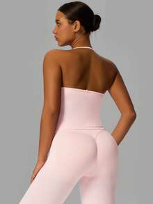 Yefecy New Impact Sports Yoga Tank Top, Women Fitness Yoga Shirt, Workout Clothes, Racerback Ruched Built-In Bra Crop Top With Adjustable Straps Pink Spring - Hồng - Xem 2