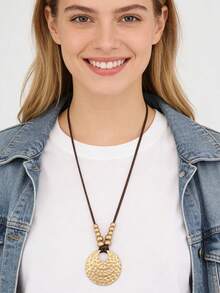 1 Peça Colar Elegante e Fashionista de Círculo Ondulado Dourado e Prateado, Colar de Pingente de Contas Personalizado Boêmio, Presente de Joias para Amigos e Família, Acessório Diário para Festa, Praia, Viagem - Corda de cera - Visão 7