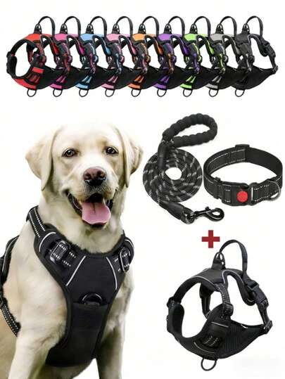 High-Reflective Dog Harness Leash Collar Set, Adjustable Padded Dog Vest, Reflective Unobstructed Pet Oxford Vest, Easy-To-Control Front And Rear Handles, , Comfortable, No-Choke Design Pet Vest Belt Collar Set - An Ideal Choice For Outdoor Adventures, Available In Multiple Sizes - Suitable For Small, Medium, And Large Pet Dogs (If Undecided Between Two Sizes, Opt For The Larger Size As It Can Be Adjusted)