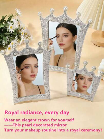 1pc Crown Pearl Makeup Mirror - Luxury Decorative Desktop Makeup Mirror, Elegant Princess Style Beauty Mirror, Aesthetic Boujee Dressing Table Decoration, Royal Style Women's Makeup Mirror, Suitable For Cosmetics And Room Decoration, Perfect Gift For Her