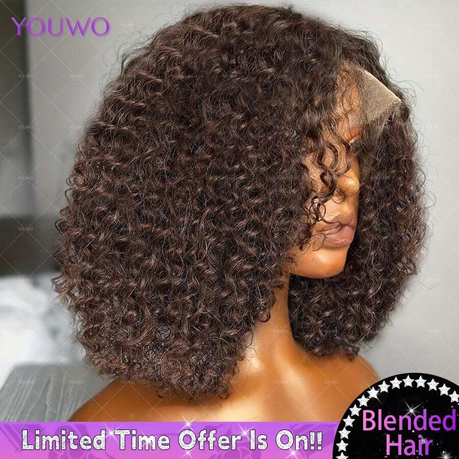 深卷曲 13x4 耳到耳高清蕾丝前假发 巧克力棕色 预剪无胶蕾丝闭合前假发 混合人发 200% 密度 预拔毛 预漂白 深波浪 8-16 英寸波波头假发 耐热纤维 合成混纺人发假发 女士预剪蓬松卷曲假发 棕色 4# (8-34 英寸)