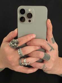 4pcs/Set Fashionable Punk Style Skull Rings Set, Casual Daily Wear For Men - Antique Silver - View 4