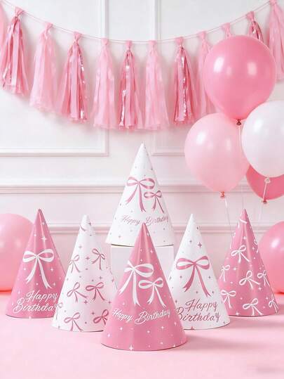 6顶/3顶粉色蝴蝶结主题婴儿派对纸帽，可爱粉色蝴蝶结图案，适合一周岁生日派对、性别揭晓派对、一周岁生日礼物、粉色蝴蝶结生日装饰帽、婴儿派对摄影道具、婴儿派对回礼、性别揭晓派对装饰、粉色蝴蝶结设计、生日、夏季庆祝活动、派对装饰、派对帽