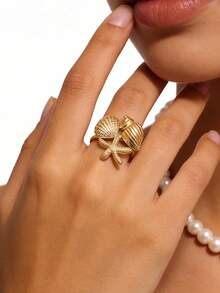1pc Stainless Steel Gold-Plated Vacuum Electroplated Starfish & Shell Themed Vacation Style Ring, Suitable For Women - Multicolor - View 11
