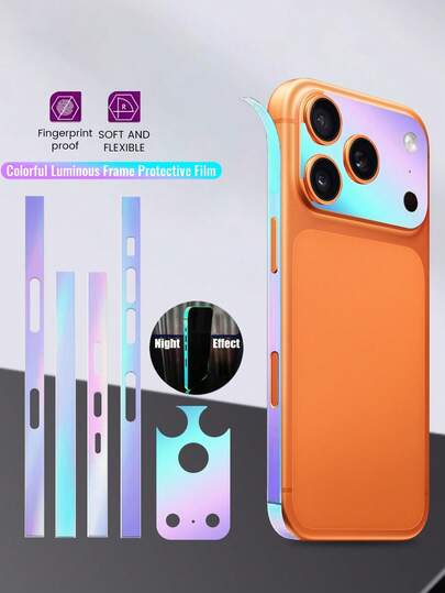 【侧边保护膜+镜头装饰贴纸】适用于 17 Pro Max/17 Pro/17，防指纹激光彩色夜光边框保护膜，防水、防震、防摔、防刮，夜光效果