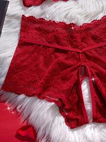 情人节惊喜礼物蕾丝性感内衣套装（2件套） - 可调节薄纱蕾丝文胸，饰有蝴蝶结，搭配透气开裆内裤，浪漫贴身，适合派对季穿着 - 酒紅色 - 查看 4
