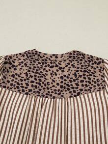 Acelitt Brown Striped & Leopard Print V-Neck Button Casual Short Sleeve Shirt, Spring/Summer - Multicolor - View 6