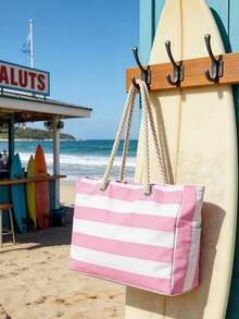 女士防水沙滩手提包，附赠沙滩帽，拉链封口，防水防沙设计，条纹图案，大容量，适合游泳池、学校、旅行、工作、度假、购物等各种场合，可作为伴娘邀请礼物、单身派对旅行回礼、情人节礼物指南、平价情人节礼物、复活节礼物、母亲节礼物。 - 彩色 - 查看 7