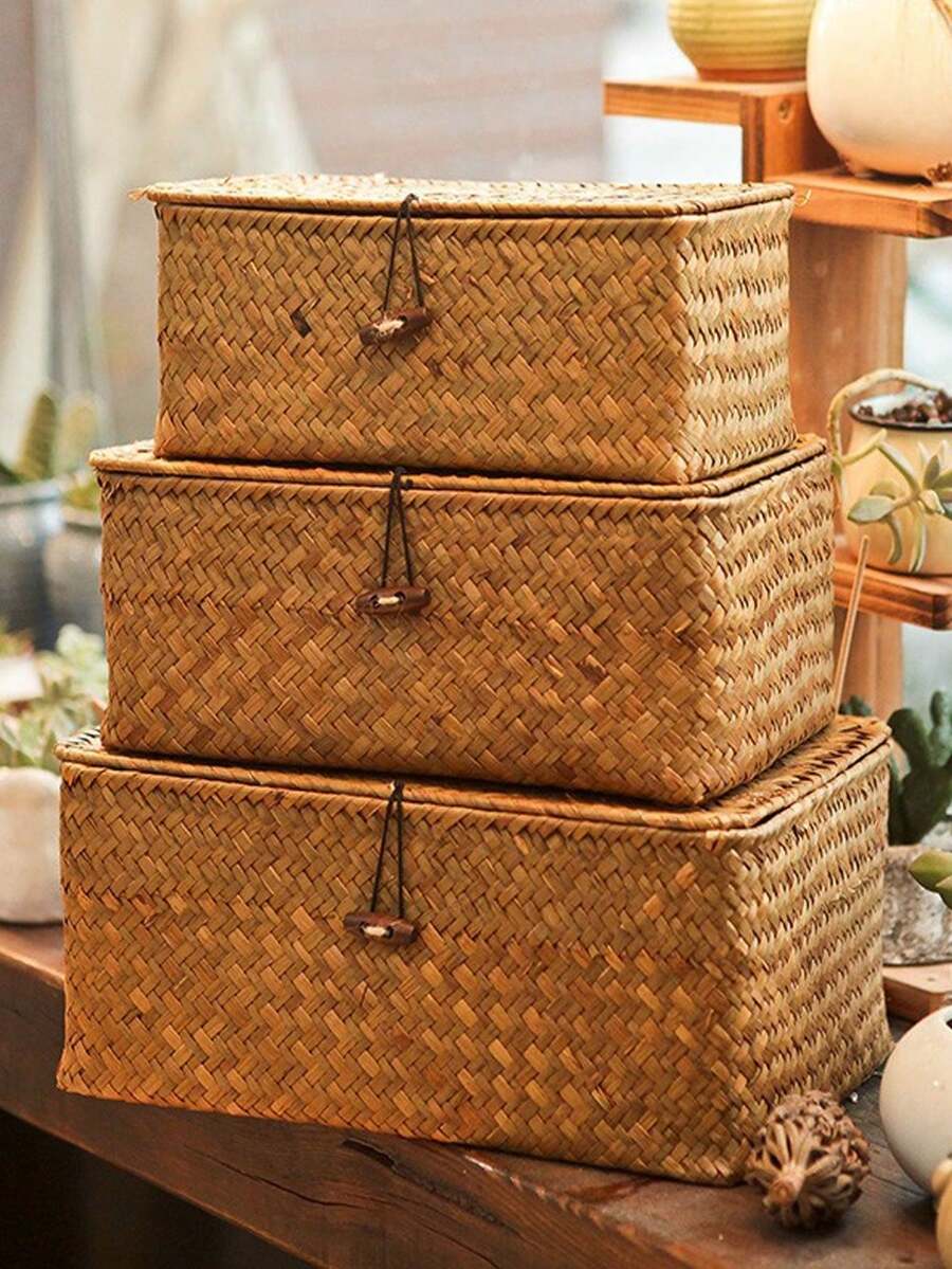 1pc Woven Storage Basket With Lid, Rectangular Wicker Storage Box, Toy Storage Box With Lid, Elegant Home Decor, Kitchen, Bathroom, Bedroom Decor, New Year & Valentine's Day Gift - Brown - View 1