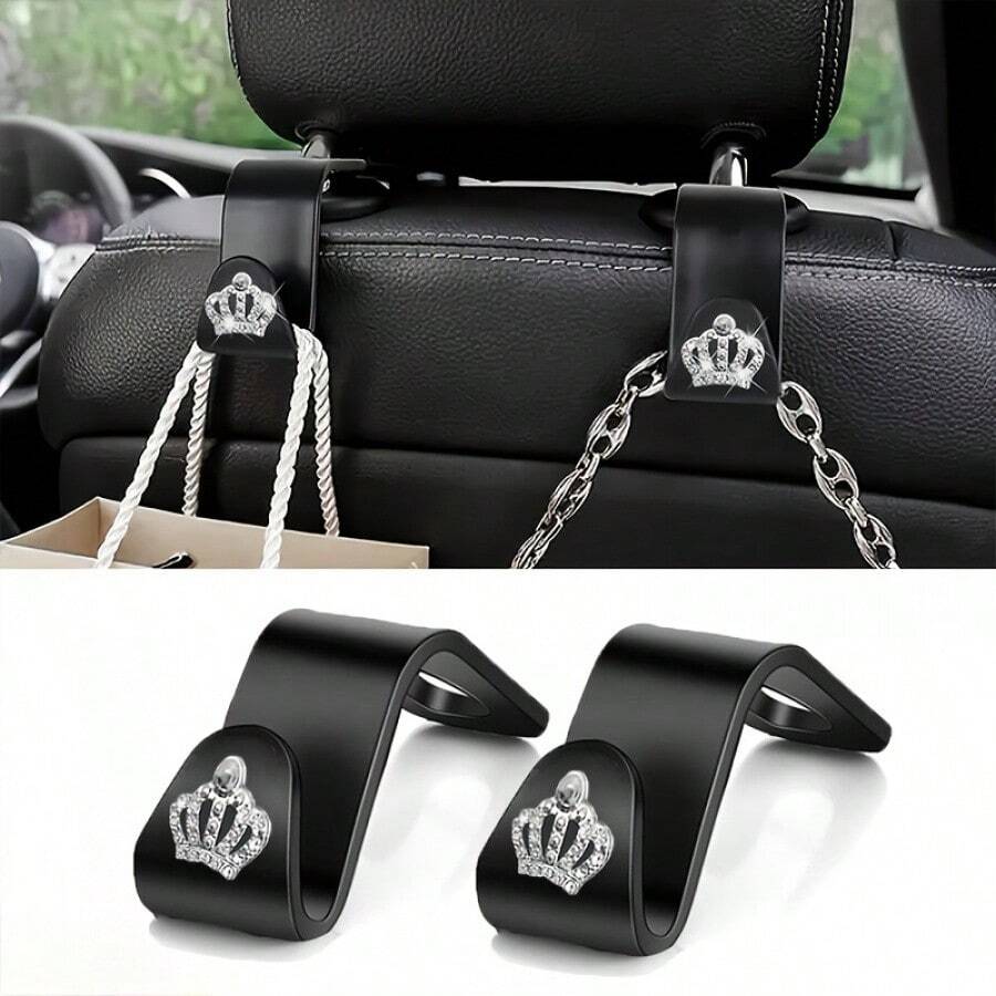 2 móc treo đồ đa năng hình vương miện sáng bóng gắn phía sau ghế xe hơi, móc treo tiện dụng tích hợp sẵn. - 2 móc treo ghế - Xem 1