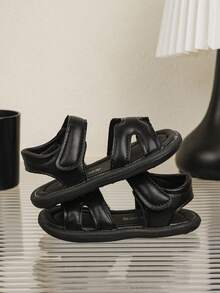 1 đôi dép xăng đan đế bằng, kiểu dáng unisex, chất liệu PU, thiết kế khóa dán, dễ thương, hở mũi, mềm mại, chống trơn trượt, thích hợp cho bé đi biển, dép xăng đan mùa hè thời trang, đa năng cho bé và trẻ nhỏ. - màu đen - Xem 1