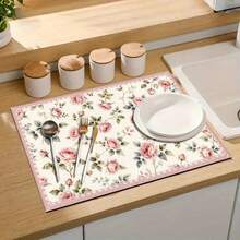1pc Dish Drying Mat, Coffee Machine Mat, Pink Rose Pattern Absorbent Placemat, Suitable For Dining Table And Cafe, Multipurpose Drainage Mat, Home Gift, Tabletop Decor - Multicolor - View 10