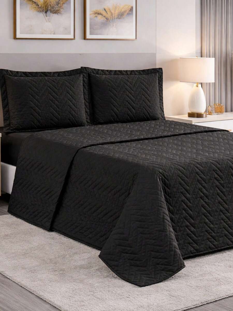 Complete Slim Quilted Bedspread Set For Single, Double, Queen, And King Size Bedspreads. - Black - View 1