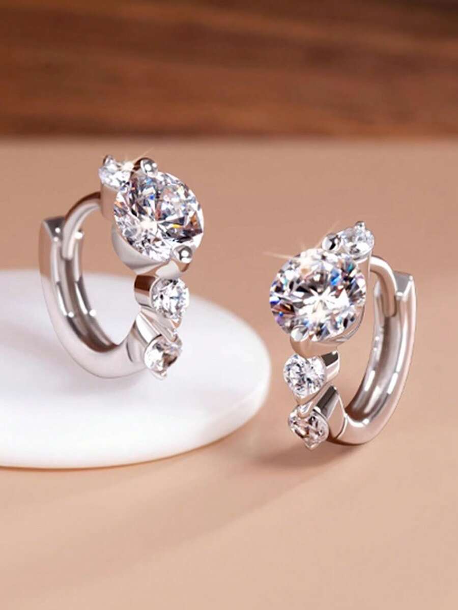1 Pasang Anting Lingkaran Batu Zirkonia Kubik, Cocok Untuk Dekorasi Sehari-hari, Perhiasan Pesta Atau Hadiah Ulang Tahun Untuk Remaja - Perak - View 1