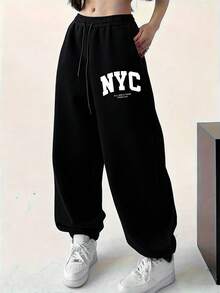 女士休闲宽松版型 NYC 字母印花灰色慢跑裤，秋冬裤装 黑色 - 黑色 - 查看 2