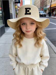 1顶女童草编宽檐帽，A-Z黑色字母标签，可定制度假防晒日常百搭帽，个性化定制户外帽 - 卡其色 - 查看 5