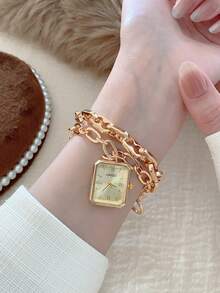 金色方形手镯式女士石英表，复古时尚气质，适合日常搭配，生日/毕业礼物，休闲聚会佳品。 - 金色 - 查看 5