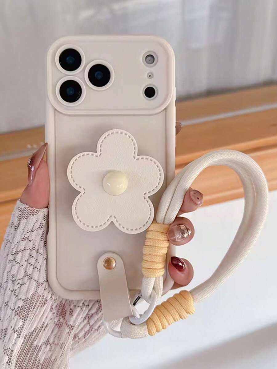 1 chiếc ốp lưng điện thoại bằng da họa tiết hoa dễ thương thời trang, có chân đế và dây đeo cổ tay, chất liệu TPU mềm chống sốc, bảo vệ toàn diện, tương thích với Apple 17/17 Pro/17 Pro Max/16 Pro Max/16/15/14/13/12/11 - Màu be - Xem 1