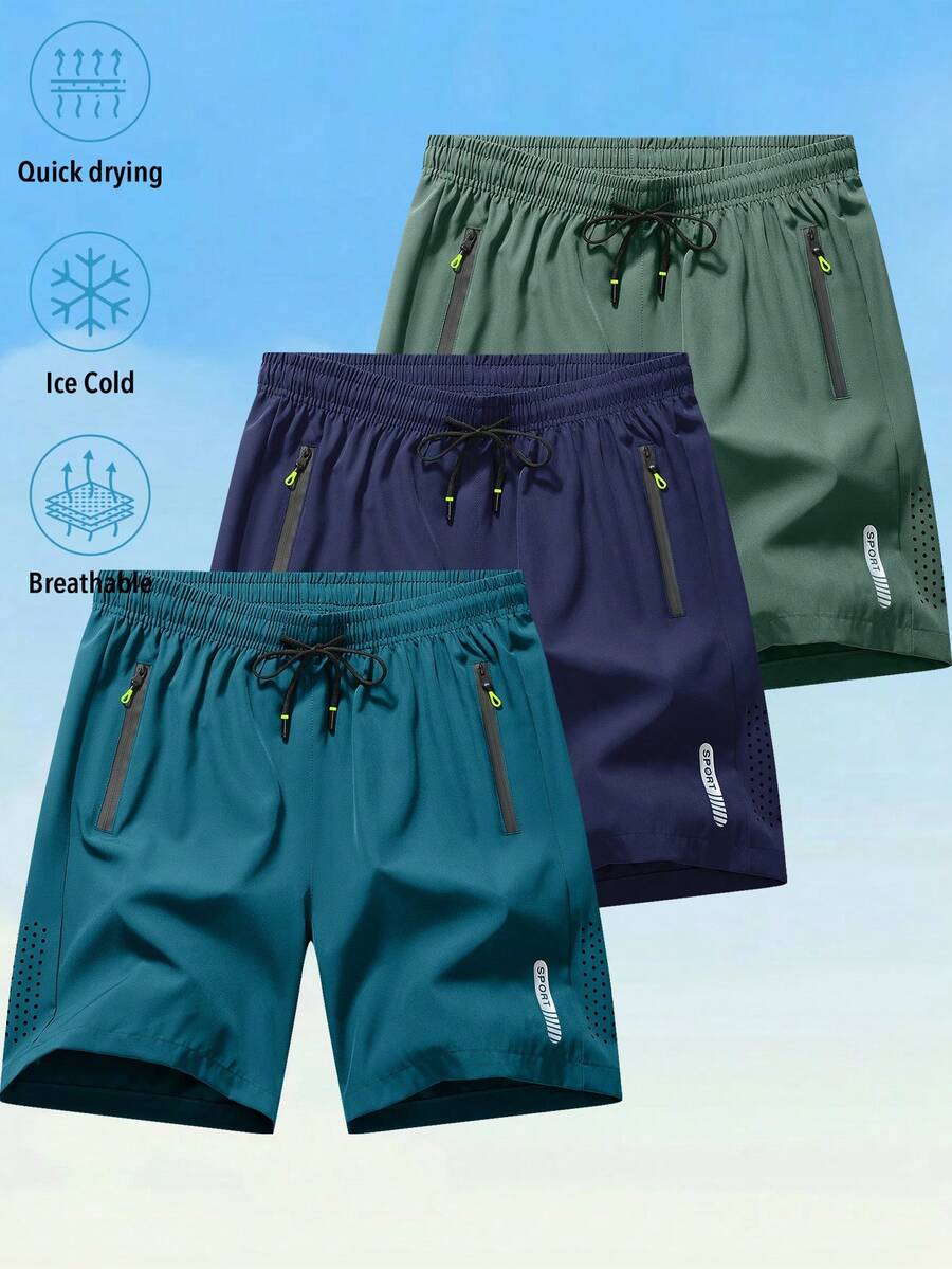 3-Pack Of Men's Stylish Athletic Shorts With Black Drawstring Design And Zippered Pockets, Perfect For Summer Workouts And Outdoor Activities - Xanh dương + Xanh hải quân + Xanh lá cây - Xem 1