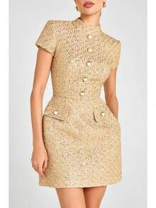Elegant Women's Gold Woven Fabric Formal Dress With Short Sleeves And Pearl Button Detail Stand Collar Mini Dress - 卡其色 - 查看 2