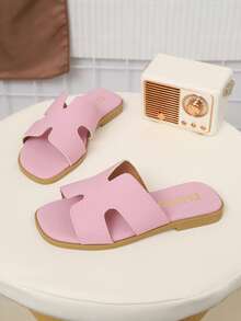 Kids' Fashionable Outdoor Slippers, Summer Square Toe Flat Sandals, New Square Toe Beach Shoes, Beloved By Girls - Pink - View 3