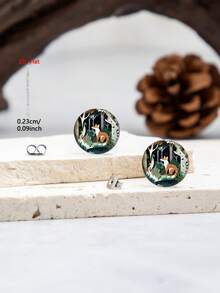 1 Pair 2D Flat Cute Round Animal Fox Design Acrylic Stud Earrings, Elegant Minimalist Style Jewelry Earrings For Women, Suitable For Daily And Holiday Wear - Green - View 4