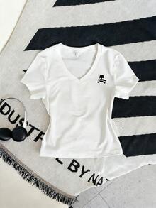 Summer New Simple American Style Skull Print V-Neck Short Sleeve T-Shirt, Fashionable & Versatile Casual Wear For Women White - White - View 2