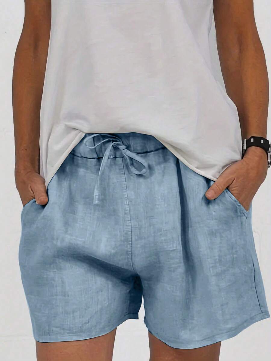 女士亚麻面料松紧腰抽绳休闲短裤 夏季 - 淺藍色 - 查看 1
