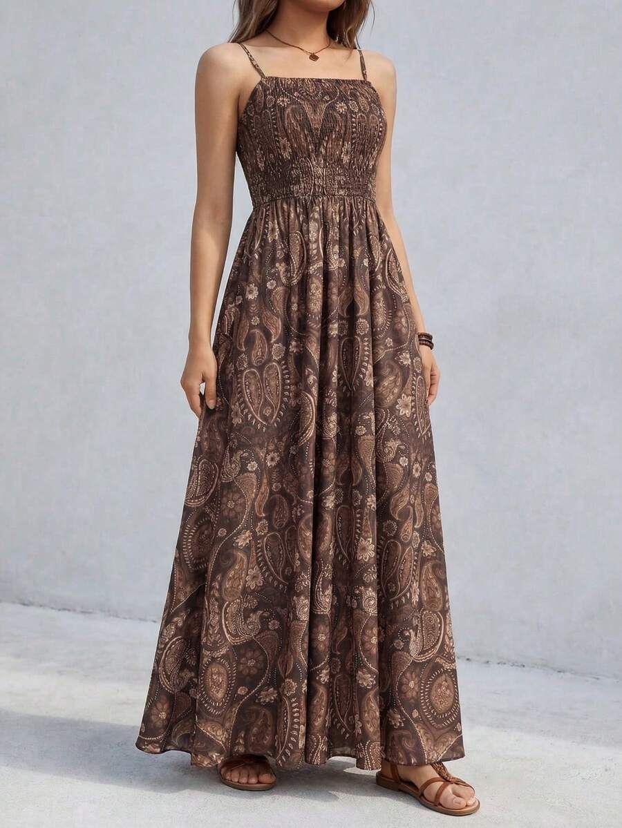 女士棕色波西米亚佩斯利印花吊带无袖梭织面料褶皱上身长款吊带连衣裙，无弹力喇叭下摆休闲夏季沙滩派对度假连衣裙（YY712） - 棕色 - 查看 1