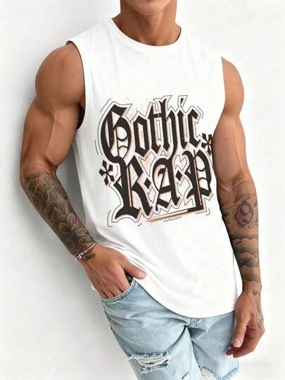 Plus Size Men's Gothic Rap Graphic Print Sleeveless Tank Top, Casual Streetwear Hip Hop Tank Top, Retro Pattern Sports Tee