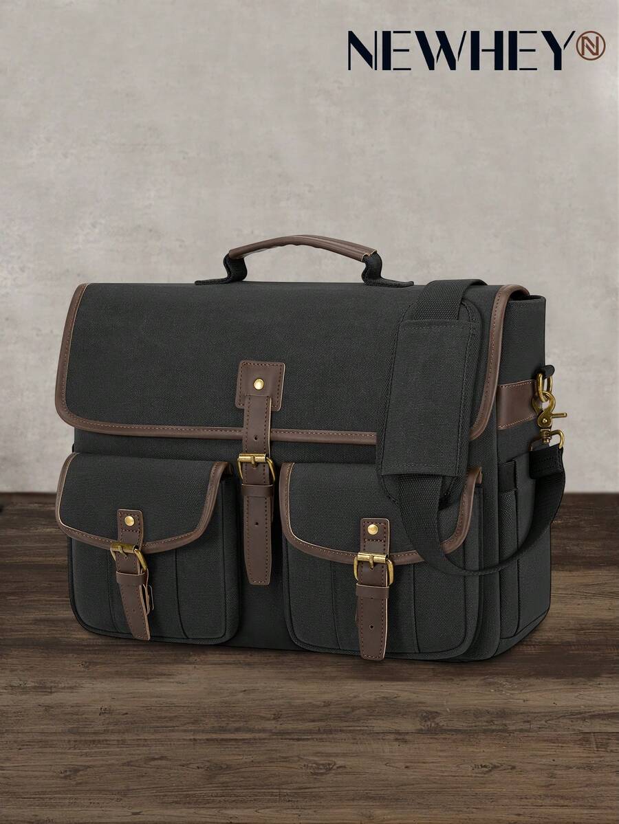 NEWHEY Canvas Messenger Bag Men 17.3 Inch Laptop Bag Waterproof Computer Briefcase Retro Satchel Bag Large Shoulder Bag
