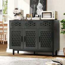 ZSSWSS Kitchen Sideboard With 3 Drawers And 3 Doors Made Of Rattan, Natural Weave Pattern, Rustic Vintage Style, 108 X 40 X 80 Cm, For Living Room And Kitchen, Natural Finish - Black - View 4