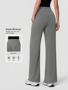 Sodalemon Women's High Waist Elastic Waist Fitness Pants With Side Pockets, Stretchy Slimming Yoga Straight Leg Casual Pants - Grey - View 2