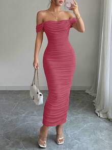 PRETTYGARDEN Women's Summer Dresses Off The Shoulder Dress Ruched Bodycon Sleeveless  Evening Elegant Dresses Wedding Guest Graduation  Cocktail Club Party Dark Pink Maxi Dresses - 深粉紅色 - 查看 1
