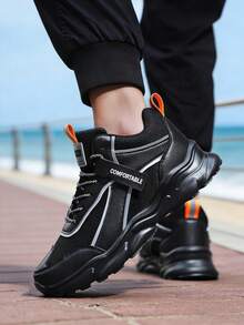 Men's Thick Sole Sneakers Lightweight Breathable Mesh Shoes Comfortable Outdoor Walking Shoes Street Style Fashion Gift Idea For Dad Or Boyfriend - 黑色 - 查看 3