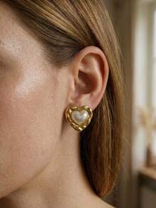10 Pairs Assorted Gold-Tone Pearl Earrings, Stainless Steel Jewelry Showcasing Personalized, Floral Pearl Earrings, Romantic Heart-Shaped Pearl Earrings, Seashell Spiral Pearl Earrings, Gold Pearl Earring Set, Vintage Jewelry - Multicolor - View 9