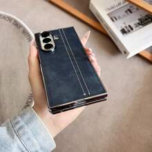 1 pezzo Custodia per telefono pieghevole in pelle PU vintage di alta qualità con cuciture e placcatura, 2 in 1 con vetro temperato, custodia protettiva antiurto completa compatibile con Samsung Galaxy Z Fold 7/6/5/4 - Blu reale - Visualizzare 5