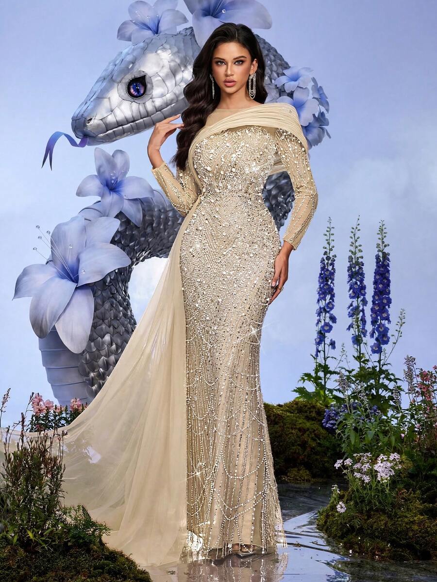 LUVISTRUE 女款亮片珍珠香檳色正式晚禮服，優雅適合畢業典禮、舞會、婚禮賓客、雞尾酒會，魚尾長裙秋季款