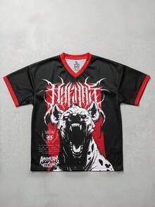 Men's Double-Sided Print Loose V-Neck T-Shirt Digital Print Roaring Hyena Pattern Death Metal Thorn Letter Front & Back Color Block Jersey Top Y2K Punk Style Dark Streetwear Soft Breathable Summer - Black - View 4