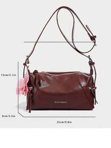 2026新款女士单肩包，小众设计手提包，休闲百搭简约时尚腋下包，舒适PU材质纯色设计，拉链封口，可调节长肩带，容量大，春夏枕形包 - 酒紅色 - 查看 7