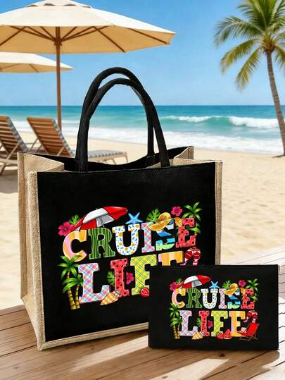 Cruise Life Themed Canvas Tote Bag And Storage Bag Set, Featuring Palm Tree, Watermelon, Cruise Life Patterns, Includes Tote Bag And Cosmetic Bag, Foldable Lightweight Storage Bag, Beach Essential, Women's Summer Bag, Large Capacity Canvas Shopping Bag, Reusable Grocery Bag And Cosmetic Bag, Skincare Product Storage Bag, Charger Storage Bag, Nail Polish Storage Bag, Ideal For Travel, Vacation, Holidays And Beach
