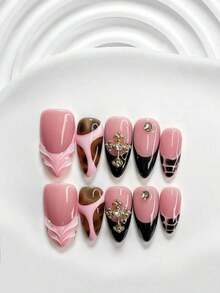 10pcs/Set Valentine's Day Handmade Nail Art Kit, Includes White Flower & Bow Decor, White & Red Gel Nails, French Polka Stickers, Heart Painting, Silver Beads Embedded, 3 Sizes Available: Almond/Square/Coffin Shape, With Set, Suitable Sweet Ladies & Girls, Valentine's Day/Party/Daily Wear Nail Supplies Handmade Press On Nails - 多色 3 - 查看 4