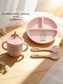 4pcs Baby Silicone Feeding Tableware Set, Customizable With Name And Pattern, Includes Plate, Straw Cup, Fork And Spoon - Multicolor - View 5