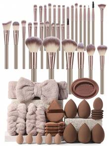 56PCS Makeup Tools Set Including:32PCS Makeup Brush Set+1pc Hairband+1pc Makeup Brush Cleaning Tools+5PCS Mini Air Cushion Powder Puffs+5PCS Mini Makeup Sponges+5PCS Triangle Powder Puffs+2PCS Hand Bowl Strap+5PCS Mini Makeup Sponges,All-In-One & Beginner-Friendly | Travel-Ready & Gift-Ready | Perfect For Newbies/Her - Multicolor - View 1