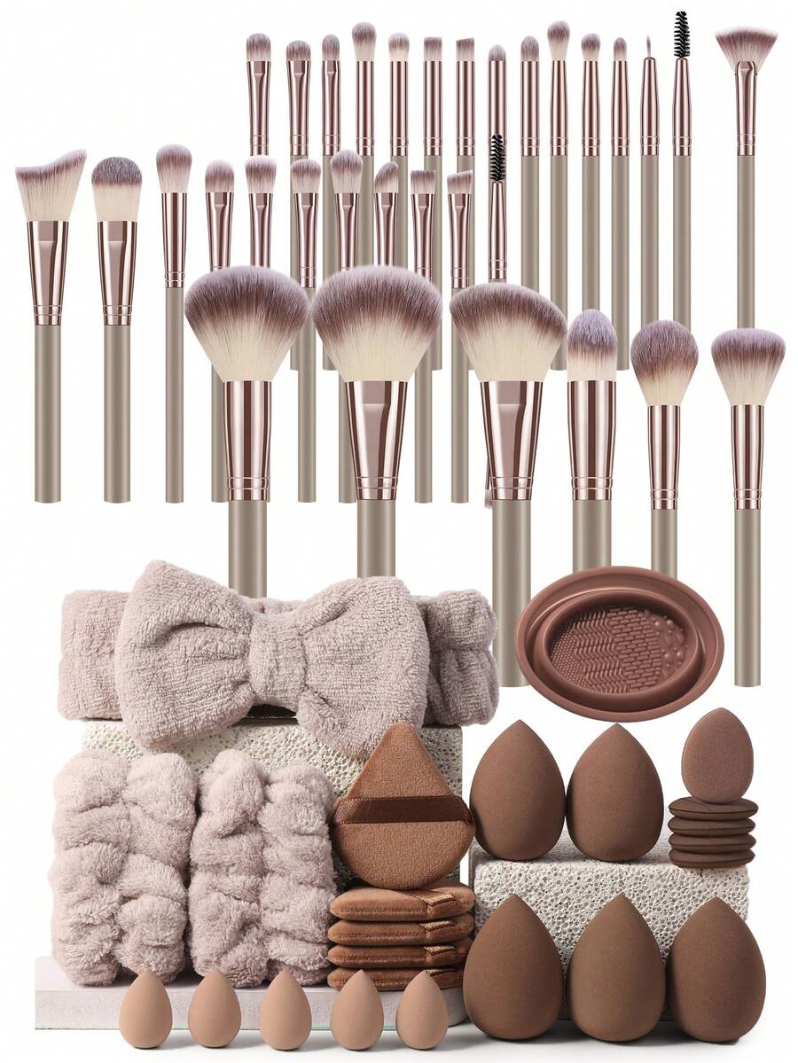 56PCS Makeup Tools Set Including:32PCS Makeup Brush Set+1pc Hairband+1pc Makeup Brush Cleaning Tools+5PCS Mini Air Cushion Powder Puffs+5PCS Mini Makeup Sponges+5PCS Triangle Powder Puffs+2PCS Hand Bowl Strap+5PCS Mini Makeup Sponges,All-In-One & Beginner-Friendly | Travel-Ready & Gift-Ready | Perfect For Newbies/Her - Multicolor - View 1